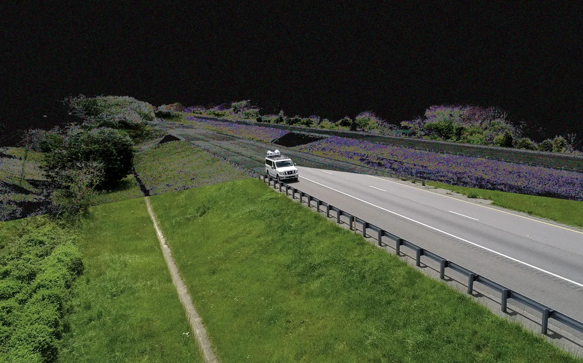 LiDAR Van Point Cloud Behind, 360 Imaging Ahead LiDAR Van Point Cloud Behind, 360 Imaging Ahead